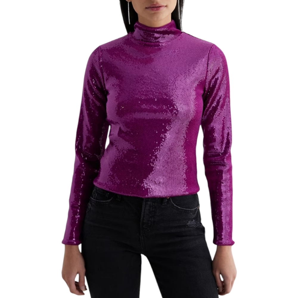 Express Body Contour Sequin Mock Neck Long Sleeve Top Womens Medium Purple